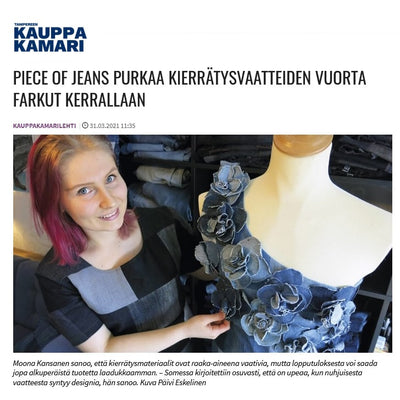 TAMPERE CHAMBER OF COMMERCE: PIECE OF JEANS UNPACKS RECYCLING CLOTHING WASTE LINE JEANS ONE JEAN AT A TIME